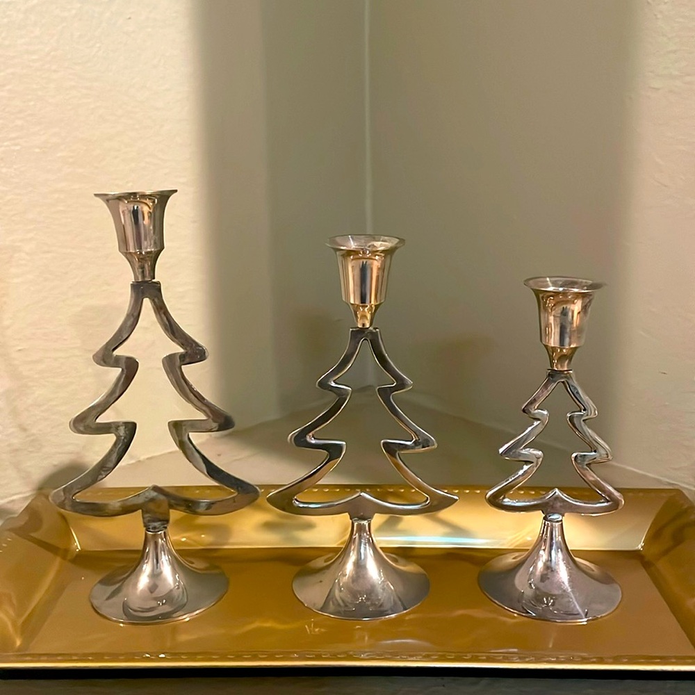 International Silver Company Silver Christmas Tree Candlestick Holder Set